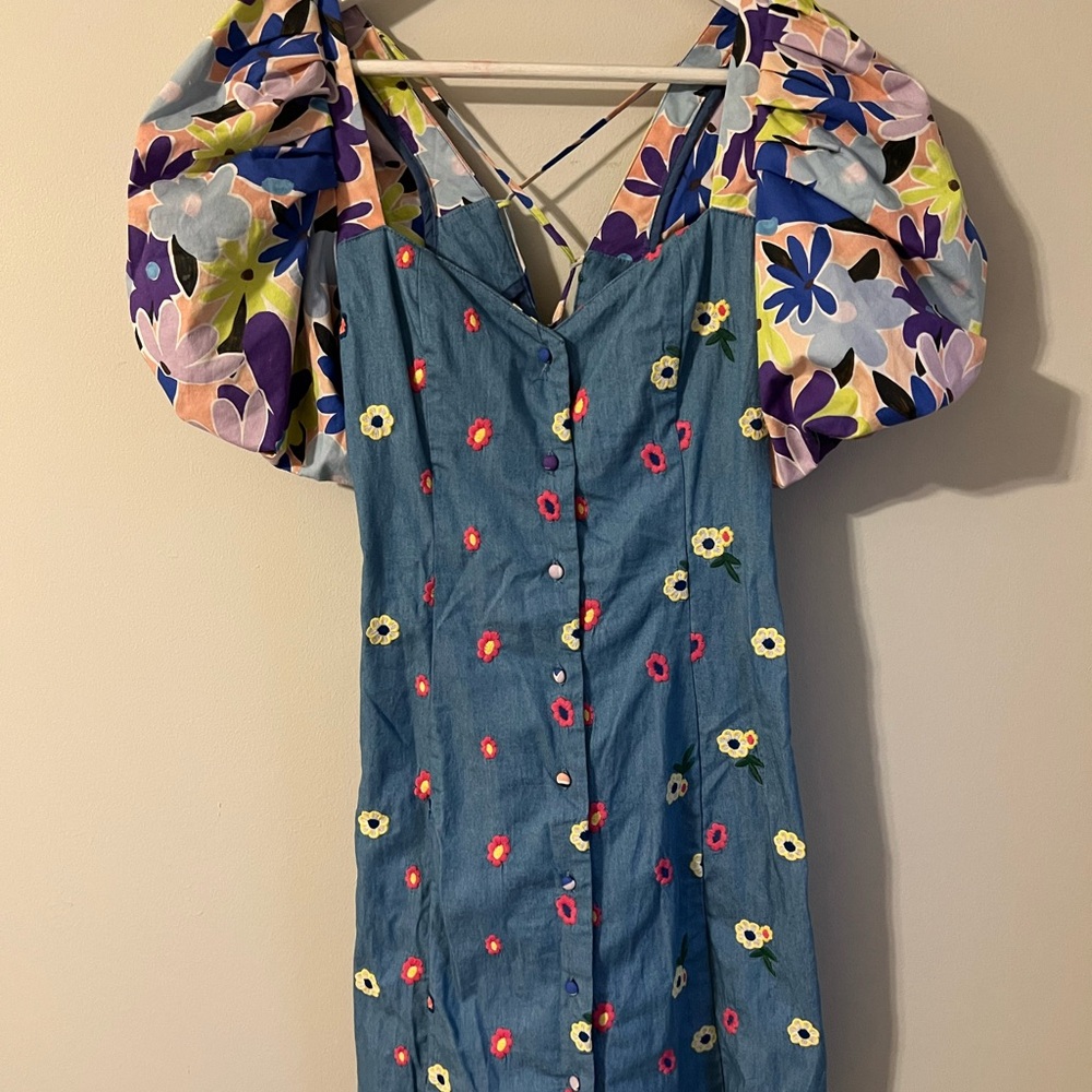 CeliaB Blue Denim Mini Dress with Floral Puff Sleeves